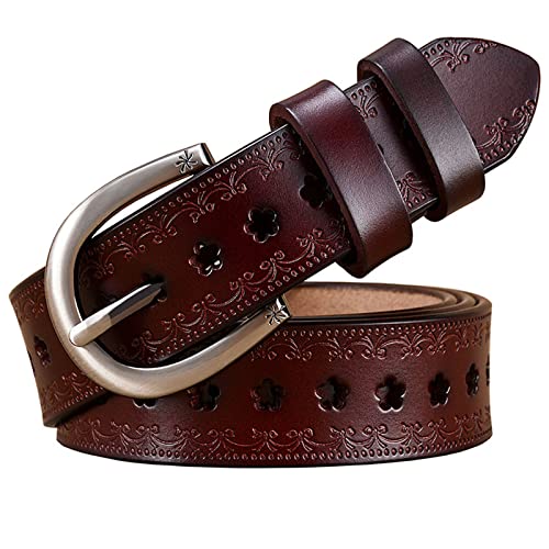 Leather Belt Women,Women's Hollow Flower Leather Belt for Jeans Pants Wide Belt for Ladies,Brown,110cm/43.3''