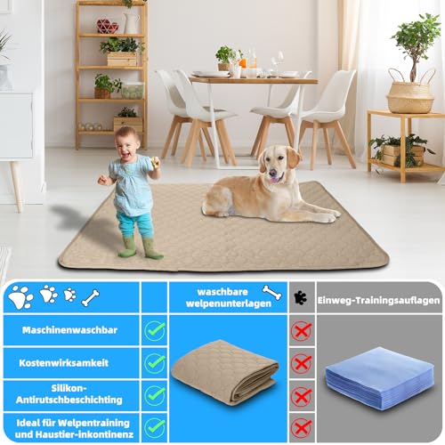 Waschbar Haustier-Urinunterlage, 2 Stück 100*70 cm Wiederverwendbare Welpenunterlagen Matte für Hunde, Super Saugfähig, Wasserdicht, Urinierunterlagen für Hunde, Auto, Reisen (Khaki * 2)