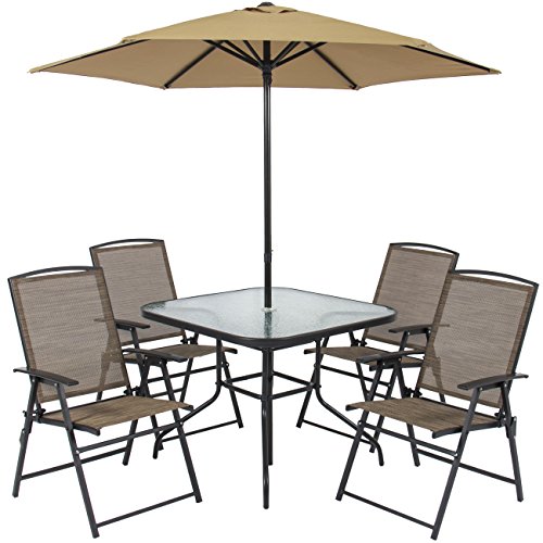 Best Choice Products 6 Piece Outdoor Folding Steel Fabric Patio Dining Set W Table 4 Chairs Umbrella And Built In Base Tan Brickseek