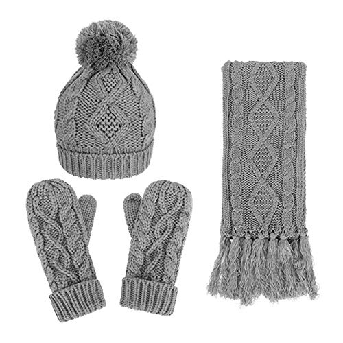 Huatuo 3 en 1 Warm Scarf Glove Hat Set - Juego de Regalo de Invierno de Punto Trenzado Gorro de Lana Guante Bufanda Larga Set para Mujeres (Gray)