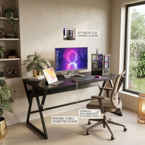 Image of TEKAVO Remik Study Table for Home & Office | Computer Table for Home pc | Wooden Gaming Workstation Desk with Heavy Duty Metal | 150 cm Table | Black