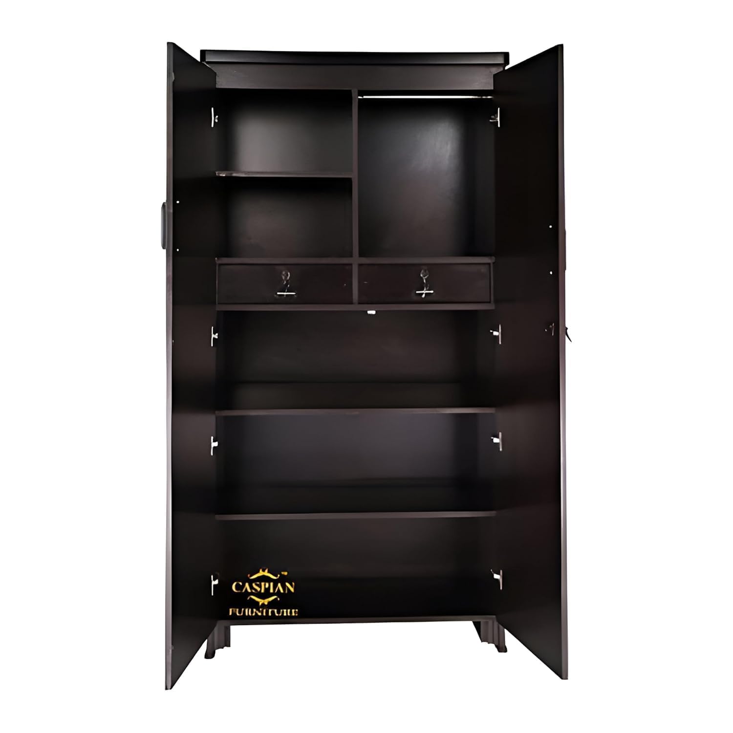 CASPIAN 2-Door Wardrobe (17mm Thick Wood) Coffee Black | Pre-Assembled Almirah with Mirror, Hanging Space, 4 Shelves, 2 Drawers & Secure Locker | Durable Engineered Wood Clothes Storage Cupboard. 1