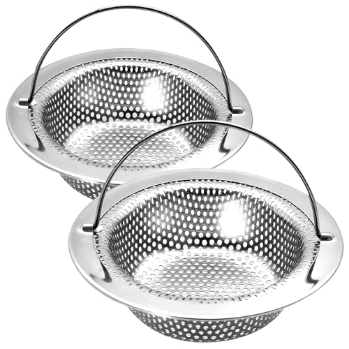 2 Pack Kitchen Sink Drain Strainer with Handle, Universal Stainless Steel Food Catcher Basket, Rust Free, Fits Most Kitchen Sinks