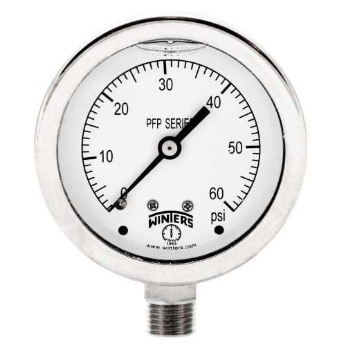 Winters PFP Series Premium Stainless Steel 304 Single Scale Liquid Filled Pressure Gauge, 0-60 psi, 2-1/2 Dial Display, +/-1.5% Accuracy, 1/4 NPT Bottom Mount
