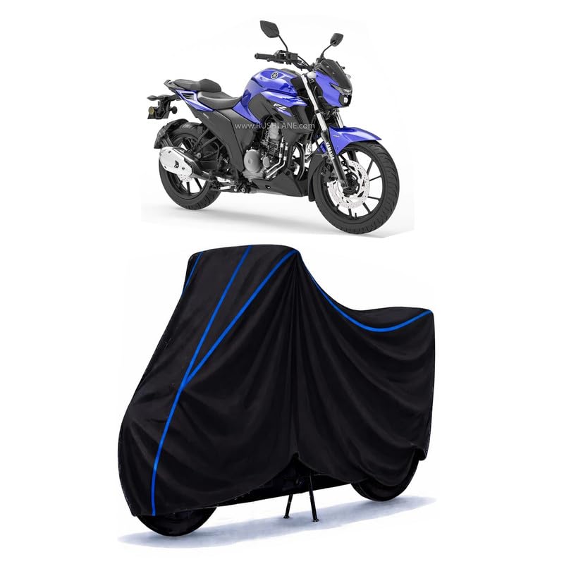 Image of FZ25 Bike Cover Water Resistant Universal Motorcycle Rain | Heavy Duty UV Protection, Dust, Scratch Indoor Outdoor All Weather with Black Blue Piping Elastic