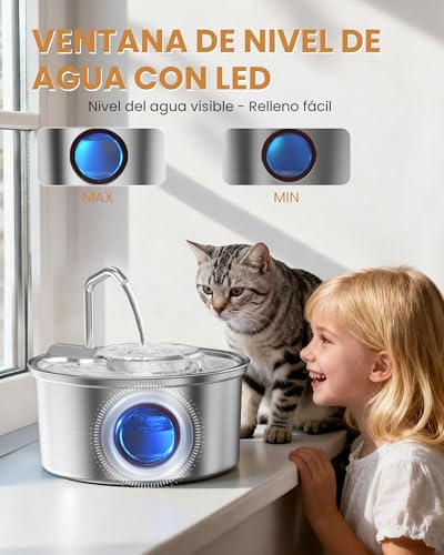 Kittyspout Fuente para Gatos, 3.2L Bebedero Gatos Acero Inoxidable con Ventana Transparente, Fuente Gatos 2 en 1 con Cuenco ExtraíBle, Ultra Silenciosa, con 3 Filtros de CarbóN Activado - imagen 6