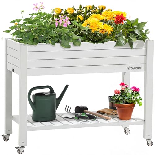 YITAHOME 3.6x1.5x2.8 FT Elevated Garden Bed Kit with Legs and Wheels, Outdoor Large Resin Planter Box Stand with Drain Plug and Storage Shelf for Plants Vegetables Fruits, Grayish-White