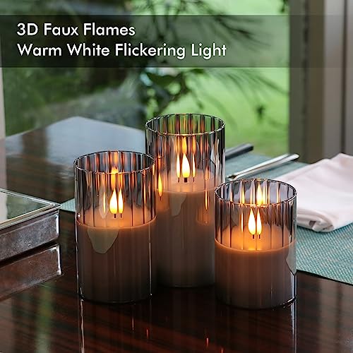 Image of Rhytsing Smoked Ribbed Glass Battery Operated LED Candles with Remote, Flameless Candle with Timer Gift Set for Home Decor, Warm White Lights- Include 6 Batteries - Set of 3