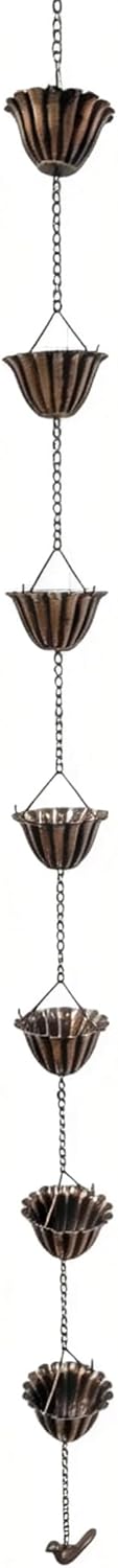 Decorative Rain Chain with Grooved Cups and Bird-Shaped Pendants, Brass-Finish, Outdoor Downspout Alternative (Brass)