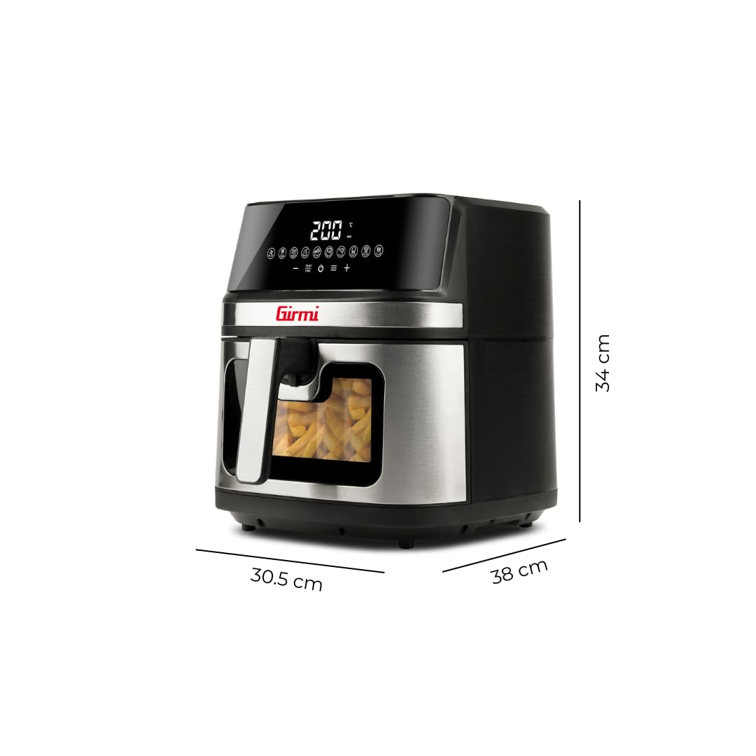 Girmi FG80 Friggitrice ad Aria 8Litri, 2200 W, Display digitale, 10 programmi, Capacità 8 Litri, Camera di cottura in metallo, Doppia resistenza, Ricettario incluso, Nero/Inox