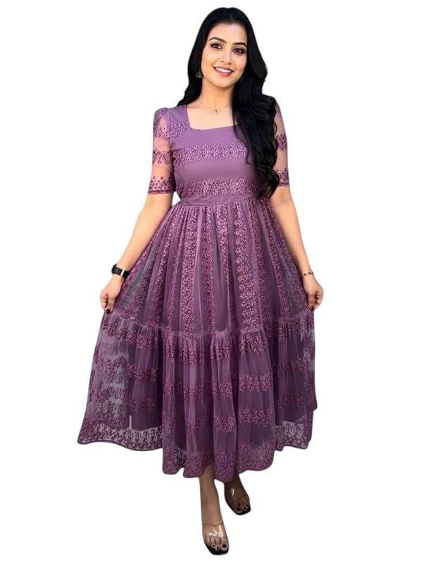 Elegant Embroidered Net Midi A-Line Gown for Women Festive Dress-image-18