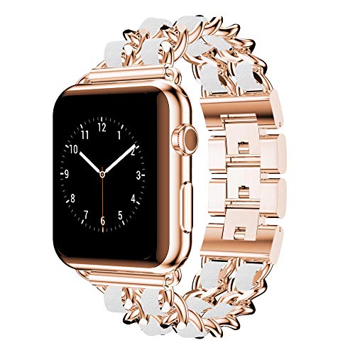DamonLight Compatible for Apple Watch Band Women 42mm 44mm 45mm, Jewelry Bracelet Black Gold Dressy Bling Wristband iWatch Series 7 6 5 4 3 2 1 SE (42/44/45mm, Rose Gold/White)