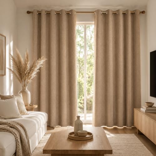 Image of LINENWALAS 100% Blackout Curtains for Window (5 Feet) - Set of 2 Panels, Herringbone Linen Texture Complete Light Block, Thermal Insulated & Noise Reducing Room Darkening Drapes (Mocha)