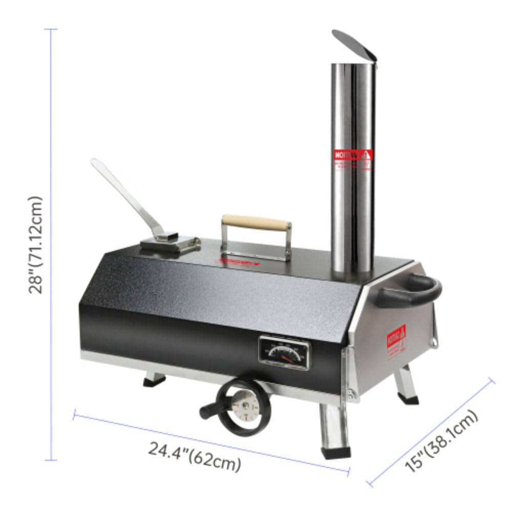 Horno de pizza portátil de 12 pulgadas para exteriores, horno de pizza de leña con termómetro integrado, estufa de pizza de acero inoxidable para exteriores, patio, campamento, picnic, negro, 2