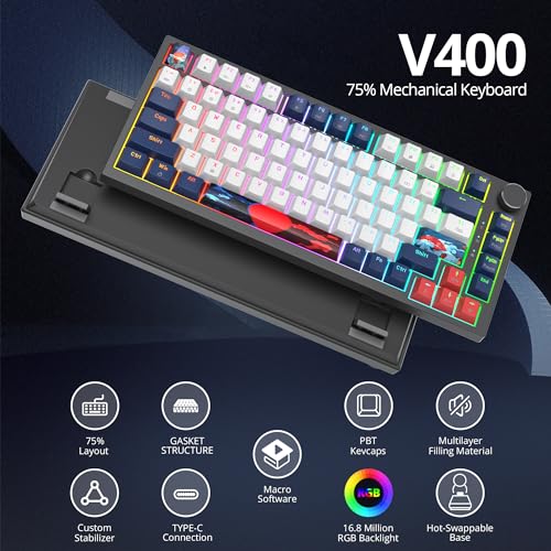 Image of 75% TKL Wired Mechanical Keyboard,RGB Backlit Gasket Mount 82 Key Hot Swappable Custom Linear Red Switch Gaming Keyboard with Volume Knob & PBT Keycaps (82 White Earth)