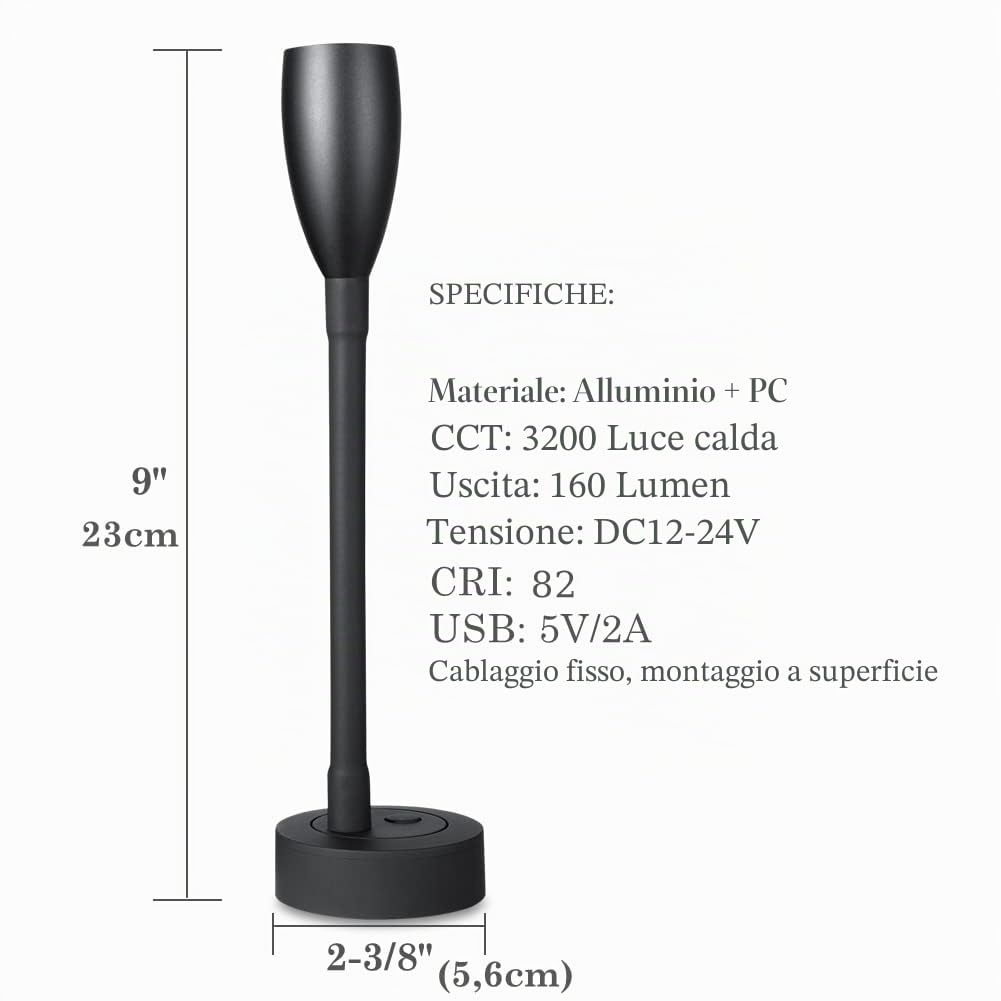 2 x Lampade da Lettura a LED 12V Dimmerabile Spot Camper Barca Lampada da Parete da Comodino 24V Flessibile a Collo di Cigno, Per Caravan Furgone, con Caricatore USB&Interruttore Dimmer