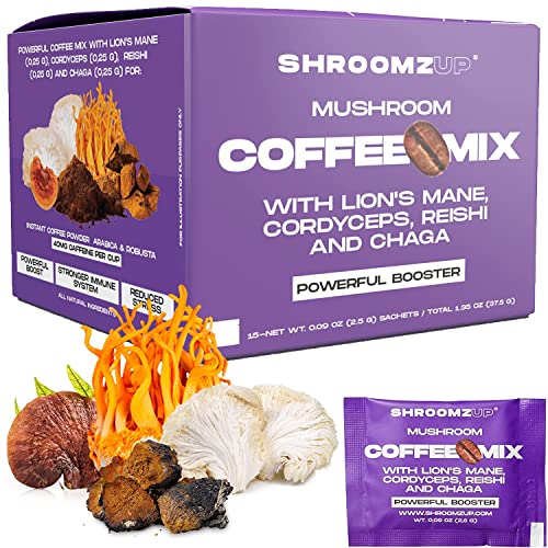 Shroomzup Mushroom Coffee Instant - 15 Single Serve Packets with 4 Mushrooms - Lion’s Mane, Reishi Chaga Cordyceps - Vegan Nootropic Coffee for Energy