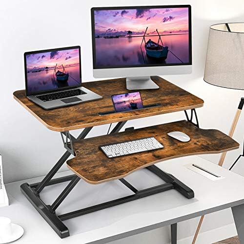 COSTWAY Height Adjustable Standing Desk, Single/Dual Tiered Sit Stand Converter Lifting Table, Ergonomic Home Office Study Riser Workstation for Monitor Computer (80 x 64 x 11-50cm, Rustic Brown)