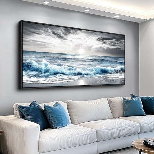KELIYUAN Wall Decor For Living Room Canvas Wall Art For Bedroom Office Black And White Pictures Beach Wave Scenery Murals Artwork For Modern Stretched and Framed Beach Posters Home Decor 20"X40"