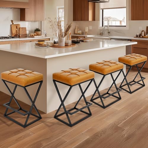 Image of Bar Stools Set of 4, 26 Inch Counter Height Stool Faux Leather Brown | Backless Counter Stools with X-Frame Metal Legs, 3.3 inch Upholstered Seat, Mid-Century Modern, for Kitchen Island, Home Bar