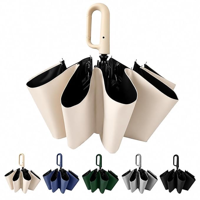 Image of Auto Open Umbrella with Carabiner Hook Handle - 3 Fold Compact Travel Umbrella for Men & Women | Double Fibreglass Wind Resistant Frame | UV Coated Sun & Rain Protection