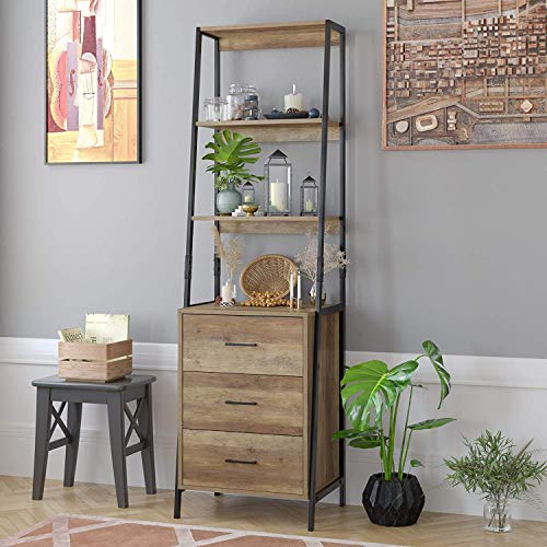 HOMECHO Storage Cabinet, Ladder Shelf with Fabric Drawers, 3 Tier Open Shelves, Accent Ladder Bookcase Bookshelf with Storage Chest, Tall Nightstand Organizer Unit for Home Office, Rustic Brown