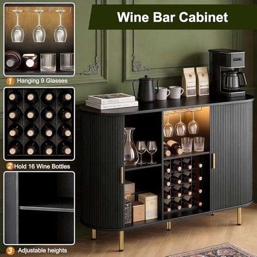 Image of DHH 55 inch Wine Bar Cabinet with Storage, Fluted Liquor & Coffee Bar Cabinet with Wine Rack and Glass Holder, Buffet Sideboard with LED Lights for Home Kitchen Living Dining Room(Black)