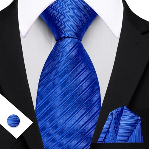 Image of Barry.Wang Solid Striped Tie for Men Silk Necktie Pocket Square Cufflinks Formal Wedding Party Business