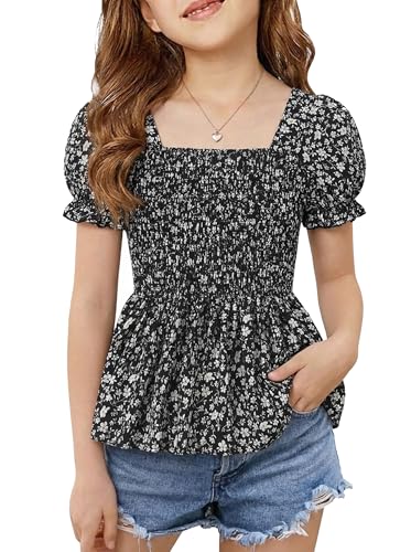 Image of Seechoslo 2025 Tween Girls' Cute Short Sleeve Square Neck Smocked Elastic Short Sleeve Woven Shirt Top