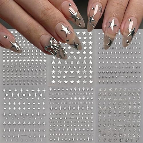 6Sheets Silver Nail Stickers Decals Star Nail Art Stickers 3D Self Adhesive Nails Charms for Women Manicure Decoration Supply