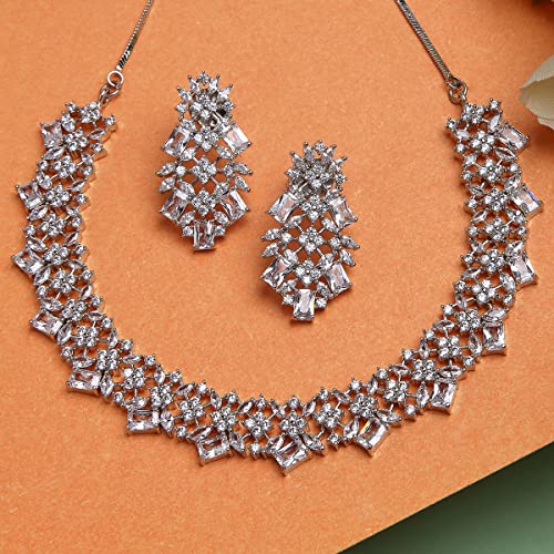 Image of Karatcart Silver Toned American Diamond Studded Jewellery Set for Women