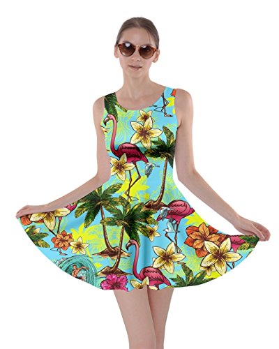 CowCow Womens Flamingo Mint Colorful Flamingo Bird Pattern Skater Dress, Flamingo - XS