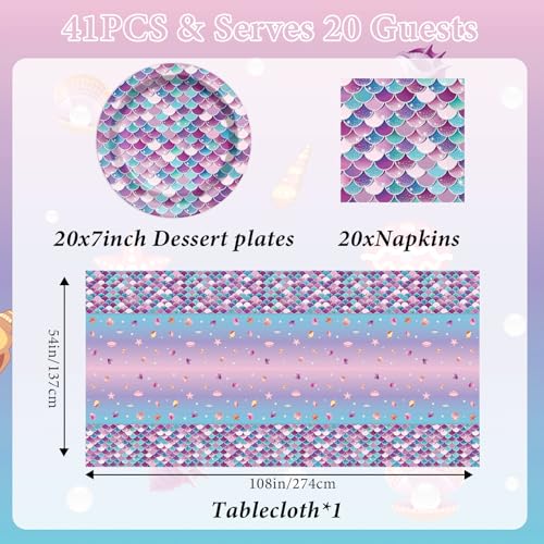 Zoiiwa 41Pcs Mermaid Themed Paper Plates And Napkins Party Decorations Tableware Set Includes 20 Party Plates 20 Napkins And 1 Tablecloth For Girls Kids Mermaid Birthday Party Decor Supplies thumb #1
