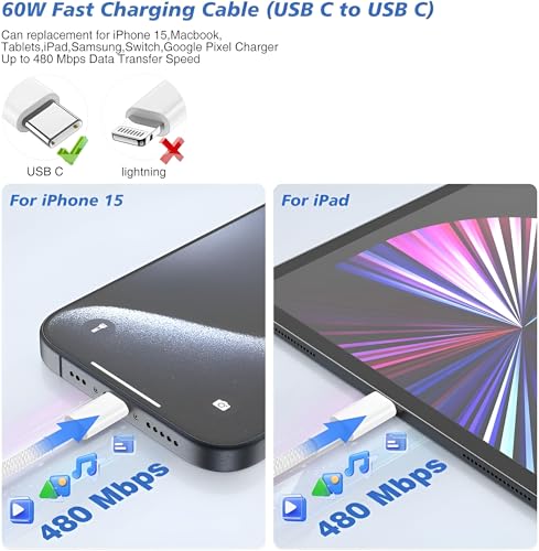 Image of 20W USB-C Charger for iPhone 15 /15 Plus /15 Pro /15 Pro Max, iPad Pro /Air /Mini, Fast Charging Adapter with 3ft Braided Cable, White, Type-C Power Adapter for Rapid Charge, White