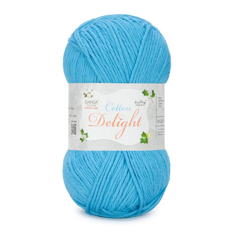 Image of Ganga Acrowools Cotton Delight, Dk Weight Cotton Yarn, Oekotex Class L Certified 100G, 169M, Pack of 1 Ball - 100gm Each, Shade No. - COD087 Sky Blue