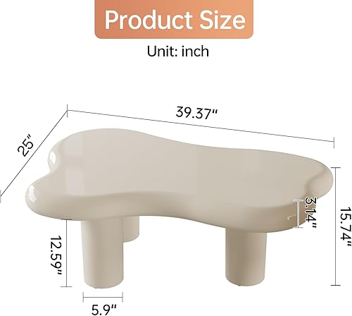 Miniatura 2 de Mesa auxiliar blanca crema, mesa central baja de forma irregular, mesa auxiliar única para sala de estar, estilo nórdico moderno, lindo, mesa
