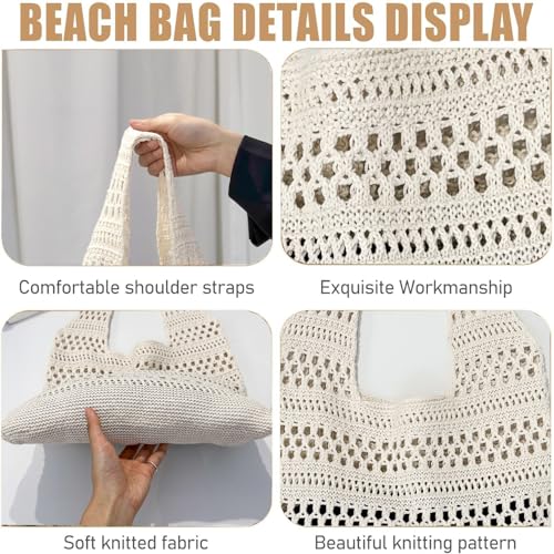 Image of Beach Mesh Crochet Tote Bag Knitted Bag Aesthetic Shoulder Bag Handbags Hollow Hobo Bag for Women Summer (Beige)