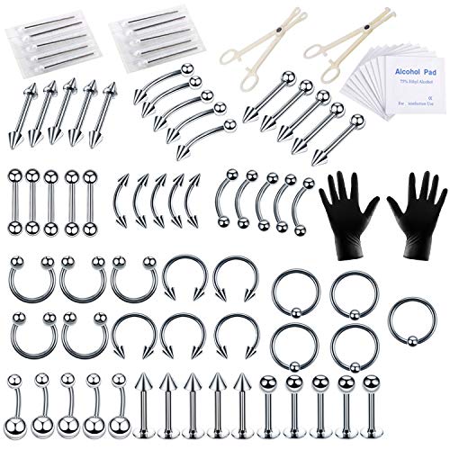 Aokbean 84 pcs Body Piercing Kit 14G 16G Piercing Needles Piercing Clamps Belly Ring Tongue Tragus Nipple Nose Tools Body Piercing Art Supplies