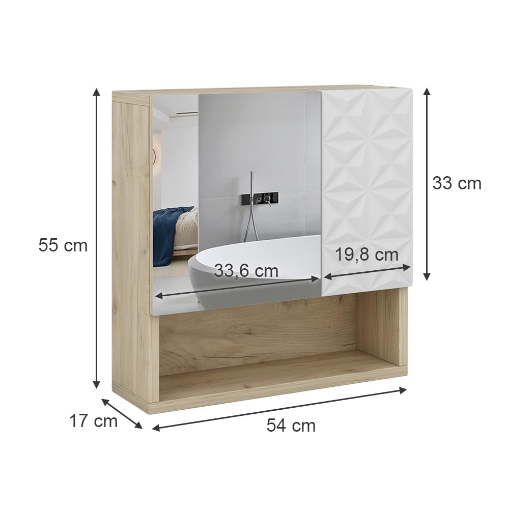 Vicco Armario con Espejo para baño Edge, Blanco, 54 x 55 cm con Puerta y Compartimentos Abiertos, para Almacenamiento en baño con Mecanismo Push-to-Open