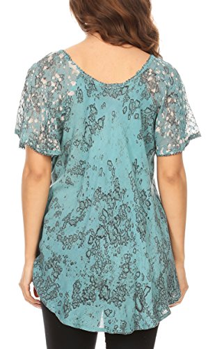 Image of Sakkas Ash Speckled Tiedye Embroidered Cap Sleeve Blouse Top with Embroidery Hems