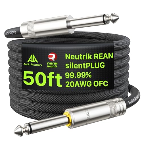Image of AA AUDIO ACCESSORY Silent Guitar Cable 50 ft, Neutrik REAN silentPLUG, Kevlar-Reinforced Nylon Braided Anti-Kinking, Auto Mute 20 AWG 99.99% OFC 1 /4 Instrument Cable, Shielded Amp Cord for Bass Guitar