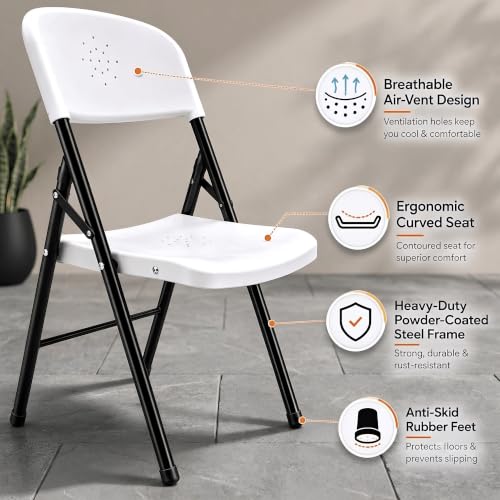 Image of MRC Metal Folding Chair Seat Upholstered Leatherette for Space-Saving Design for Home, Office, and Dorm Rooms Kitchen,Work,Sturdy,Garden (1, Curve Folding White)