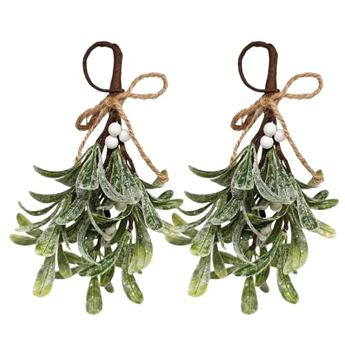 LYNNPENG 2 Stück Weihnachts Mistelzweig Dekoration, Künstliche Mistelzweige mit Weiß Beeren, 23cm,Romantischer Kuss unter dem Mistel