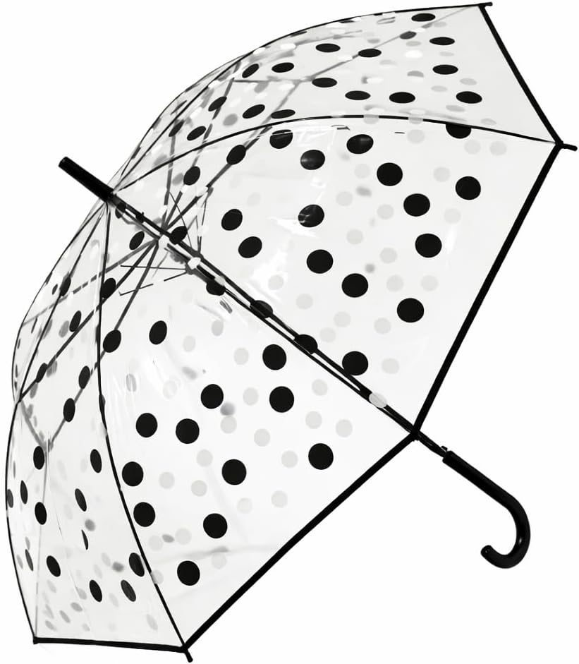 Transparent Clear Dome Umbrella with Pink Polka Dots – Cute Bubble Rain Umbrella for Women, Girls & Kids, Wind Resistant J Handle