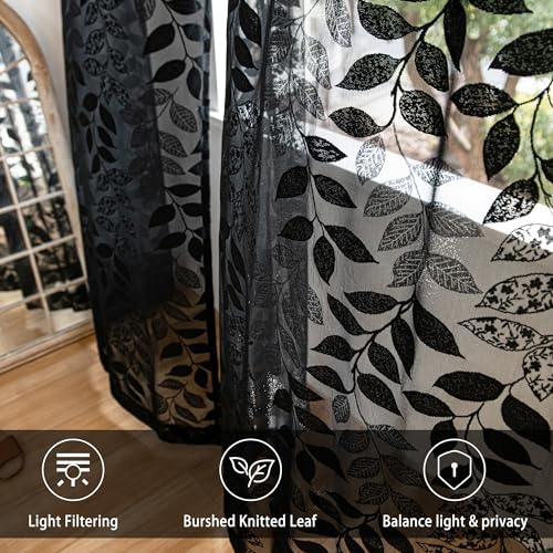 Image of Treatmentex Lace Black Sheer Curtains for Bedroom Living Room Studio 84inch Long Elegant Leaf Embroidered Semi Sheer Curtain Panels for Country Farmhouse Decor 54 inch w 2pcs 7ft