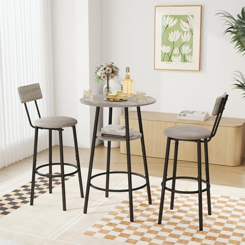 Zevemomo 3 Pieces Round Bar Table Set, Small Dining Table for 2, Breakfast Table with Storage, Modern Kitchen Bar Table, 2 Upholstered Stools with Backrest for Kitchen, Dining Room & Bistro-Grey