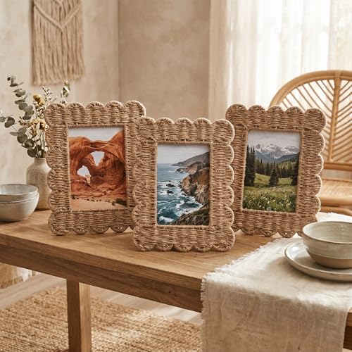 AceOrbit 3 Pcs Rattan Picture Frame 5x7 Boho Scalloped Natural Coastal Handmade Wicker Photo Frames with Woven Rope Border Glass Front Rustic Farmhouse Tabletop Wall Decor Wedding Housewarming Gift