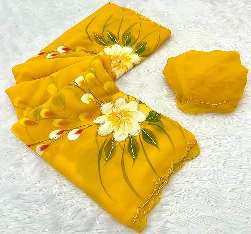 Image of Arkia Women's Yellow Hand Painted Floral Hand Embroidered Saree with White Flowers and Green Leaves