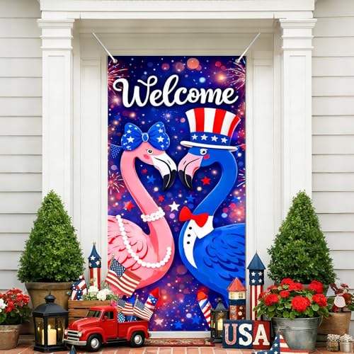 Image of BlissYard Patriotic Flamingo Door Cover 71x35 Inch 4th of July Welcome Door Decoration Red White Blue Flamingo Front Door Banner Independence Day Porch Door Cover July 4th Door Decorations Outdoor