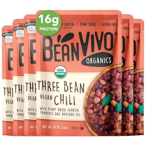 BeanVIVO (Pack of 6) Organics 16g Plant based Protein Three Bean Vegan Chili - Good Source of Fiber - Nutritious & Microwave Meal - Gluten-Free Plant Food - 10 OZ